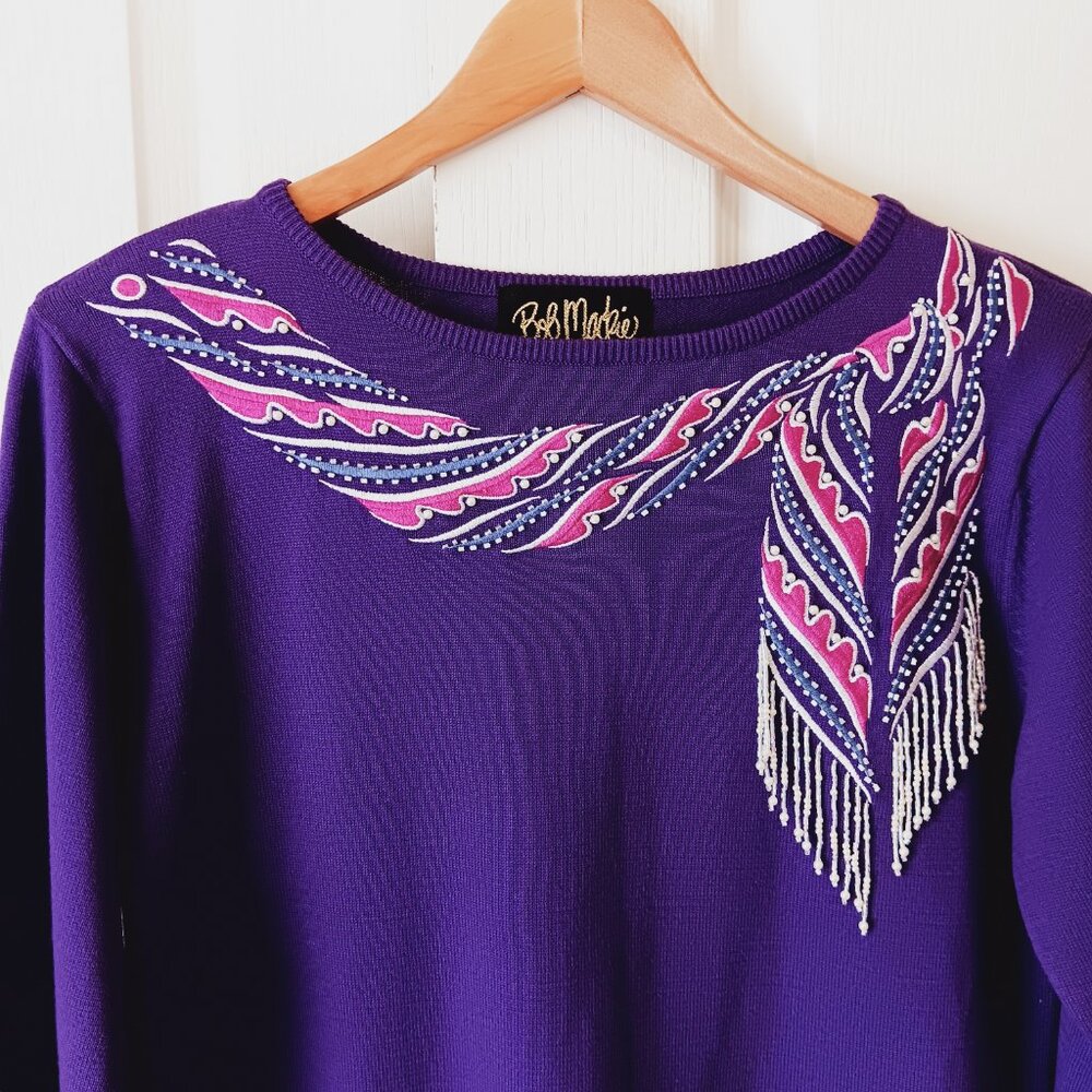 Bob Mackie's Women's Purple Beaded and Embroidered Scarf Sweater Size S - Picture 4 of 15